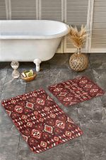 - Realhomes - Realhomes  2'li Set Kahverengi Zeminde Etnik Motifli Kilim Desenli Vintage Etnik Motifler  2'li Banyo & Mutfak Paspas Takımı Realhomes