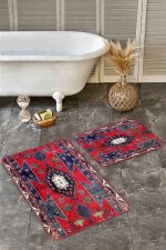 - Realhomes - Realhomes  2'li Set Kırmızı Zeminde Türkmen Motifli Geleneksel Desenli Eskitme Motifli Etnik Motifler  2'li Banyo & Mutfak Paspas Takımı Realhomes