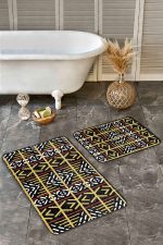 - Realhomes - Realhomes  2'li Set Hardal - Siyah Zeminde Etnik Motifli Vintage Desenli Geometrik Etnik Motifler  2'li Banyo & Mutfak Paspas Takımı Realhomes