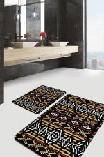 - PaspasTakimi-2li-Set1561-Gorsel-2 - Realhomes  2'li Set Siyah Zeminde Etnik Motifli Geometrik Desenli Geometrik Vintage  2'li Banyo & Mutfak Paspas Takımı Realhomes