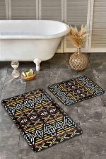 - Realhomes - Realhomes  2'li Set Siyah Zeminde Etnik Motifli Geometrik Desenli Geometrik Vintage  2'li Banyo & Mutfak Paspas Takımı Realhomes