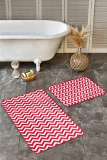 2'li Set Kırmızı Zeminde Geometrik Motifli Zikzak Desenli Geometrik Sade & Şık  2'li Banyo & Mutfak Paspas Takımı Realhomes