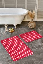 - Realhomes - Realhomes  2'li Set Kırmızı Zeminde Geometrik Motifli Puanlı Desenli Klasik Sade & Şık  2'li Banyo & Mutfak Paspas Takımı Realhomes