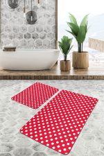 - PaspasTakimi-2li-Set1563-Gorsel-4 - Realhomes  2'li Set Kırmızı Zeminde Geometrik Motifli Puanlı Desenli Klasik Sade & Şık  2'li Banyo & Mutfak Paspas Takımı Realhomes