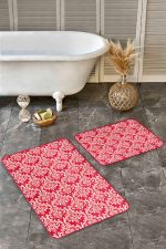 2'li Set Kırmızı Zeminde Damask Motifli Otantik Desenli Avangarde Vintage  2'li Banyo & Mutfak Paspas Takımı Realhomes