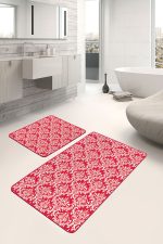 2'li Set Kırmızı Zeminde Damask Motifli Otantik Desenli Avangarde Vintage  2'li Banyo & Mutfak Paspas Takımı Realhomes