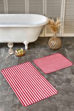 - Realhomes - Realhomes  2'li Set Kırmızı Zeminde Çizgili Motifli Geometrik Desenli Geometrik Sade & Şık  2'li Banyo & Mutfak Paspas Takımı Realhomes