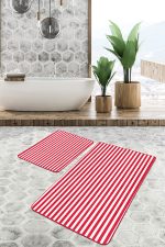 - PaspasTakimi-2li-Set1565-Gorsel-4 - Realhomes  2'li Set Kırmızı Zeminde Çizgili Motifli Geometrik Desenli Geometrik Sade & Şık  2'li Banyo & Mutfak Paspas Takımı Realhomes