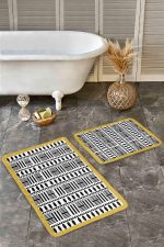 - Realhomes - Realhomes  2'li Set Hardal - Siyah Zeminde İskandinav Motifli Geometrik Desenli Geometrik Etnik Motifler  2'li Banyo & Mutfak Paspas Takımı Realhomes