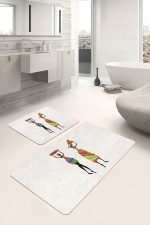 2'li Set Beyaz Zeminde Geleneksel Motifli Afrika Kadın Desenli Etnik Motifler Klasik  2'li Banyo & Mutfak Paspas Takımı Realhomes