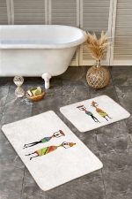 2'li Set Beyaz Zeminde Geleneksel Motifli Afrika Kadın Desenli Etnik Motifler Klasik  2'li Banyo & Mutfak Paspas Takımı Realhomes