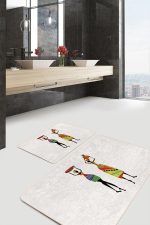 2'li Set Beyaz Zeminde Geleneksel Motifli Afrika Kadın Desenli Etnik Motifler Klasik  2'li Banyo & Mutfak Paspas Takımı Realhomes
