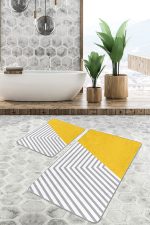 2'li Set Sarı - Gri Zeminde Geometrik Motifli Çizgili Desenli Geometrik Sade & Şık  2'li Banyo & Mutfak Paspas Takımı Realhomes