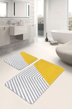 2'li Set Sarı - Gri Zeminde Geometrik Motifli Çizgili Desenli Geometrik Sade & Şık  2'li Banyo & Mutfak Paspas Takımı Realhomes