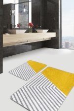 2'li Set Sarı - Gri Zeminde Geometrik Motifli Çizgili Desenli Geometrik Sade & Şık  2'li Banyo & Mutfak Paspas Takımı Realhomes