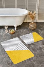 2'li Set Sarı - Gri Zeminde Geometrik Motifli Çizgili Desenli Geometrik Sade & Şık  2'li Banyo & Mutfak Paspas Takımı Realhomes