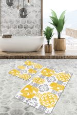 - PaspasTakimi-2li-Set1573-Gorsel-1 - Realhomes 2'li Set Sarı - Gri Zeminde Etnik Motifli Monogram Desenli Vintage Sade & Şık 2'li Banyo & Mutfak Paspas Takımı Realhomes