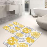 2'li Set Kiremit - Lacivert Zeminde Guaj Boya Motifli Tablo Desenli Bohem Sade & Şık  2'li Banyo & Mutfak Paspas Takımı Realhomes