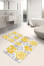 - PaspasTakimi-2li-Set1573-Gorsel - Realhomes 2'li Set Sarı - Gri Zeminde Etnik Motifli Monogram Desenli Vintage Sade & Şık 2'li Banyo & Mutfak Paspas Takımı Realhomes