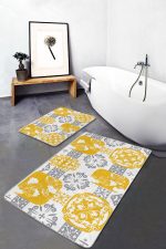 - PaspasTakimi-2li-Set1573-Gorsel-2 - Realhomes 2'li Set Sarı - Gri Zeminde Etnik Motifli Monogram Desenli Vintage Sade & Şık 2'li Banyo & Mutfak Paspas Takımı Realhomes