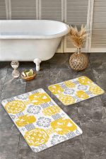 - Realhomes - Realhomes 2'li Set Sarı - Gri Zeminde Etnik Motifli Monogram Desenli Vintage Sade & Şık 2'li Banyo & Mutfak Paspas Takımı Realhomes