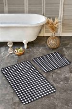 - Realhomes - Realhomes  2'li Set Siyah - Beyaz Zeminde Ekose Motifli Kareli Desenli Sade & Şık Geometrik  2'li Banyo & Mutfak Paspas Takımı Realhomes