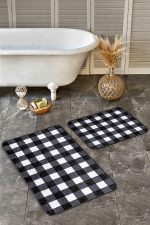 - Realhomes - Realhomes  2'li Set Siyah - Beyaz Zeminde Kareli Motifli Ekose Desenli Sade & Şık Geometrik  2'li Banyo & Mutfak Paspas Takımı Realhomes