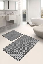 2'li Set Siyah - Beyaz Zeminde Çizgili Motifli Geometrik Desenli Geometrik Sade & Şık  2'li Banyo & Mutfak Paspas Takımı Realhomes