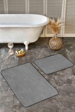 2'li Set Siyah - Beyaz Zeminde Çizgili Motifli Geometrik Desenli Geometrik Sade & Şık  2'li Banyo & Mutfak Paspas Takımı Realhomes