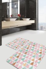 - PaspasTakimi-2li-Set1577-Gorsel-1 - Realhomes  2'li Set Beyaz Zeminde Üçgen Motifli Mermer Desenli Geometrik Sade & Şık  2'li Banyo & Mutfak Paspas Takımı Realhomes