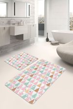 2'li Set Beyaz Zeminde Üçgen Motifli Mermer Desenli Geometrik Sade & Şık  2'li Banyo & Mutfak Paspas Takımı Realhomes