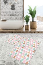 2'li Set Beyaz Zeminde Üçgen Motifli Mermer Desenli Geometrik Sade & Şık  2'li Banyo & Mutfak Paspas Takımı Realhomes