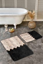 - Realhomes - Realhomes  2'li Set Siyah - Gold Zeminde Mermer Motifli Zikzak Desenli Geometrik Sade & Şık  2'li Banyo & Mutfak Paspas Takımı Realhomes