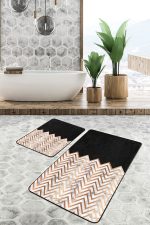 - PaspasTakimi-2li-Set1578-Gorsel-2 - Realhomes  2'li Set Siyah - Gold Zeminde Mermer Motifli Zikzak Desenli Geometrik Sade & Şık  2'li Banyo & Mutfak Paspas Takımı Realhomes