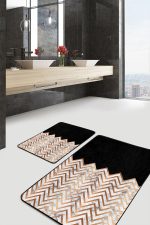 - PaspasTakimi-2li-Set1578-Gorsel-5 - Realhomes  2'li Set Siyah - Gold Zeminde Mermer Motifli Zikzak Desenli Geometrik Sade & Şık  2'li Banyo & Mutfak Paspas Takımı Realhomes