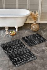 - Realhomes - Realhomes 2'li Set Siyah - Beyaz Zeminde İskandinav Motifli Geometrik Desenli Geometrik Etnik Motifler 2'li Banyo & Mutfak Paspas Takımı Realhomes