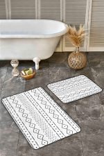 2'li Set Beyaz Zeminde İskandinav Motifli Geleneksel Desenli Sade & Şık Geometrik  2'li Banyo & Mutfak Paspas Takımı Realhomes