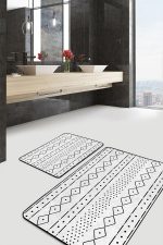 2'li Set Beyaz Zeminde İskandinav Motifli Geleneksel Desenli Sade & Şık Geometrik  2'li Banyo & Mutfak Paspas Takımı Realhomes