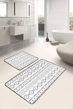 2'li Set Beyaz Zeminde İskandinav Motifli Geleneksel Desenli Sade & Şık Geometrik  2'li Banyo & Mutfak Paspas Takımı Realhomes
