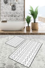 2'li Set Beyaz Zeminde İskandinav Motifli Geleneksel Desenli Sade & Şık Geometrik  2'li Banyo & Mutfak Paspas Takımı Realhomes