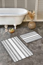 - Realhomes - Realhomes  2'li Set Siyah - Beyaz Zeminde Yöresel Motifli İskandinav Desenli Sade & Şık Etnik Motifler  2'li Banyo & Mutfak Paspas Takımı Realhomes