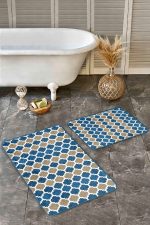 - Realhomes - Realhomes 2'li Set Mavi - Bej Zeminde Morrocan Motifli Ogea Desenli Etnik Motifler Geometrik 2'li Banyo & Mutfak Paspas Takımı Realhomes