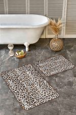 - Realhomes - Realhomes  2'li Set Kahverengi Zeminde Leopar Motifli Post Desenli Sade & Şık Klasik  2'li Banyo & Mutfak Paspas Takımı Realhomes