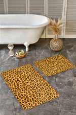 - Realhomes - Realhomes 2'li Set Kahverengi - Turuncu Zeminde Post Motifli Leopar Desenli Sade & Şık Klasik 2'li Banyo & Mutfak Paspas Takımı Realhomes