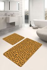 - PaspasTakimi-2li-Set1591-Gorsel-2 - Realhomes 2'li Set Kahverengi - Turuncu Zeminde Post Motifli Leopar Desenli Sade & Şık Klasik 2'li Banyo & Mutfak Paspas Takımı Realhomes