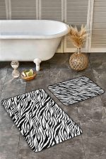 - Realhomes - Realhomes 2'li Set Siyah - Beyaz Zeminde Post Motifli Zebra Desenli Klasik Sade & Şık 2'li Banyo & Mutfak Paspas Takımı Realhomes