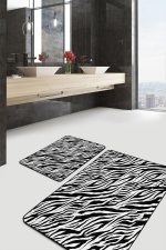 - PaspasTakimi-2li-Set1592-Gorsel - Realhomes 2'li Set Siyah - Beyaz Zeminde Post Motifli Zebra Desenli Klasik Sade & Şık 2'li Banyo & Mutfak Paspas Takımı Realhomes