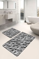 - PaspasTakimi-2li-Set1592-Gorsel-2 - Realhomes 2'li Set Siyah - Beyaz Zeminde Post Motifli Zebra Desenli Klasik Sade & Şık 2'li Banyo & Mutfak Paspas Takımı Realhomes