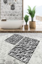 - PaspasTakimi-2li-Set1592-Gorsel-4 - Realhomes 2'li Set Siyah - Beyaz Zeminde Post Motifli Zebra Desenli Klasik Sade & Şık 2'li Banyo & Mutfak Paspas Takımı Realhomes