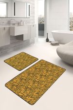 2'li Set Turuncu - Siyah Zeminde Kaplan Motifli Post Desenli Klasik Sade & Şık  2'li Banyo & Mutfak Paspas Takımı Realhomes